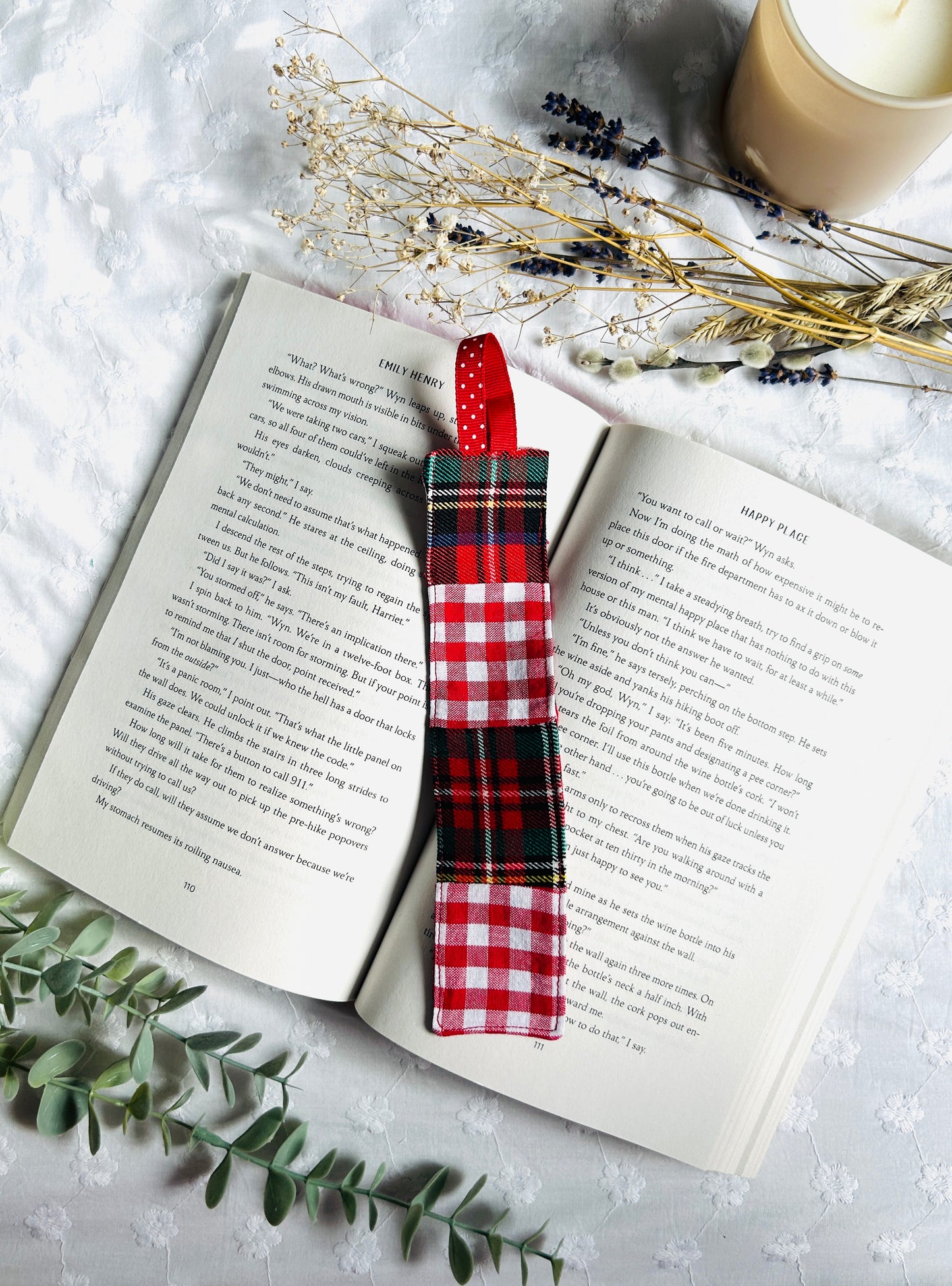 Scrappy Bookmark - Red Gingham and Plaid