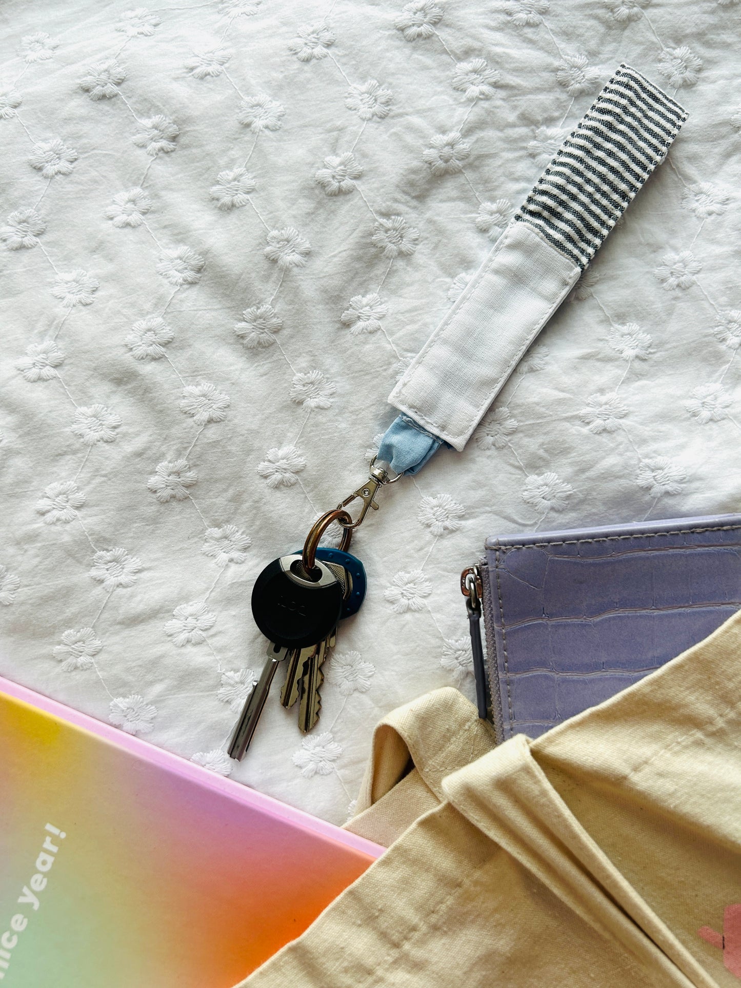Scrappy Keychain - Blue Paisley and White Stripes