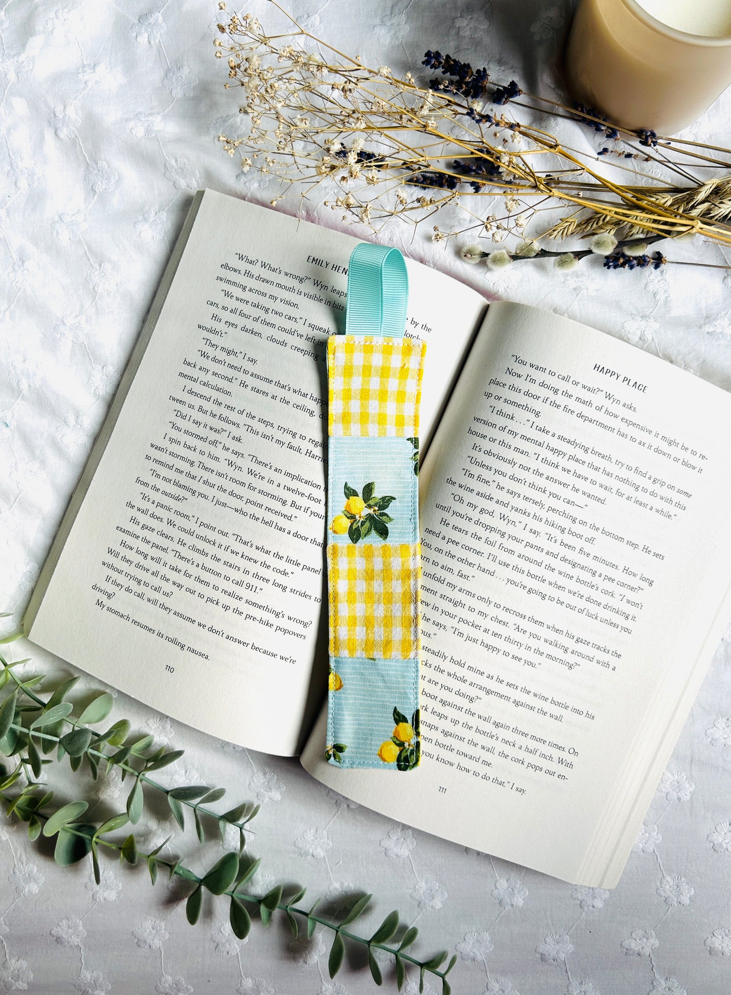 Scrappy Bookmark - Yellow Gingham Lemons and Baby Blue