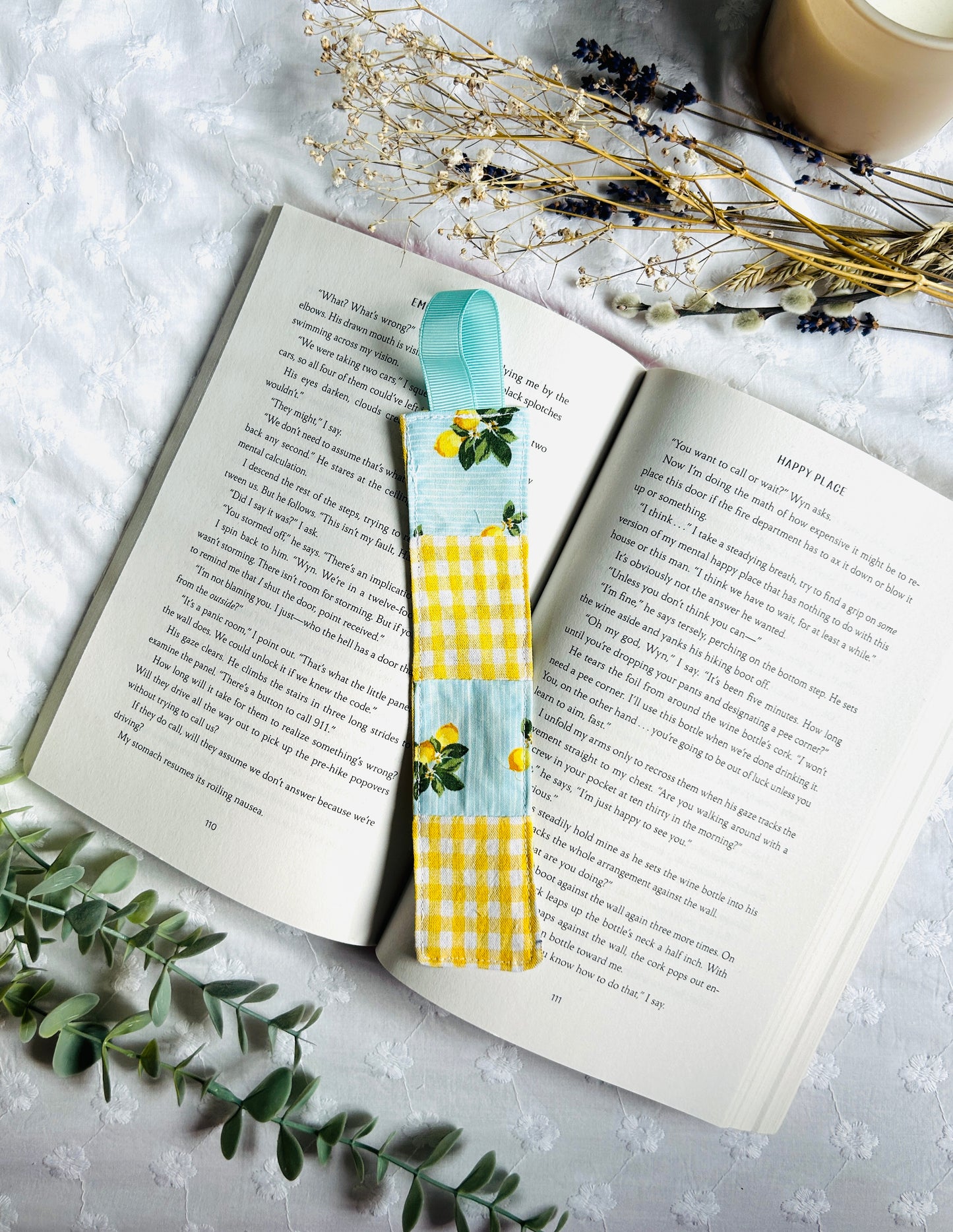 Scrappy Bookmark - Yellow Gingham Lemons and Baby Blue