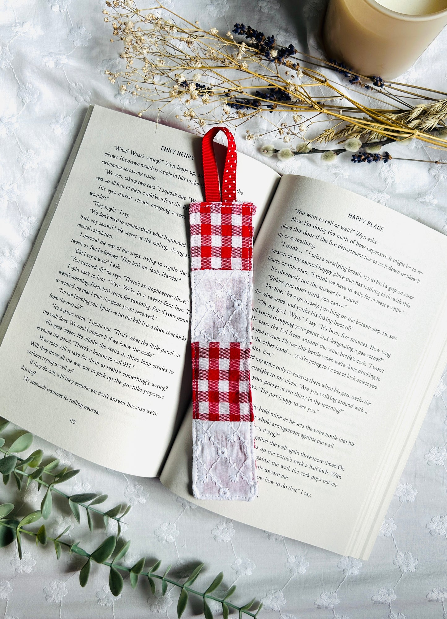 Scrappy Bookmark - Red Gingham and White Lace