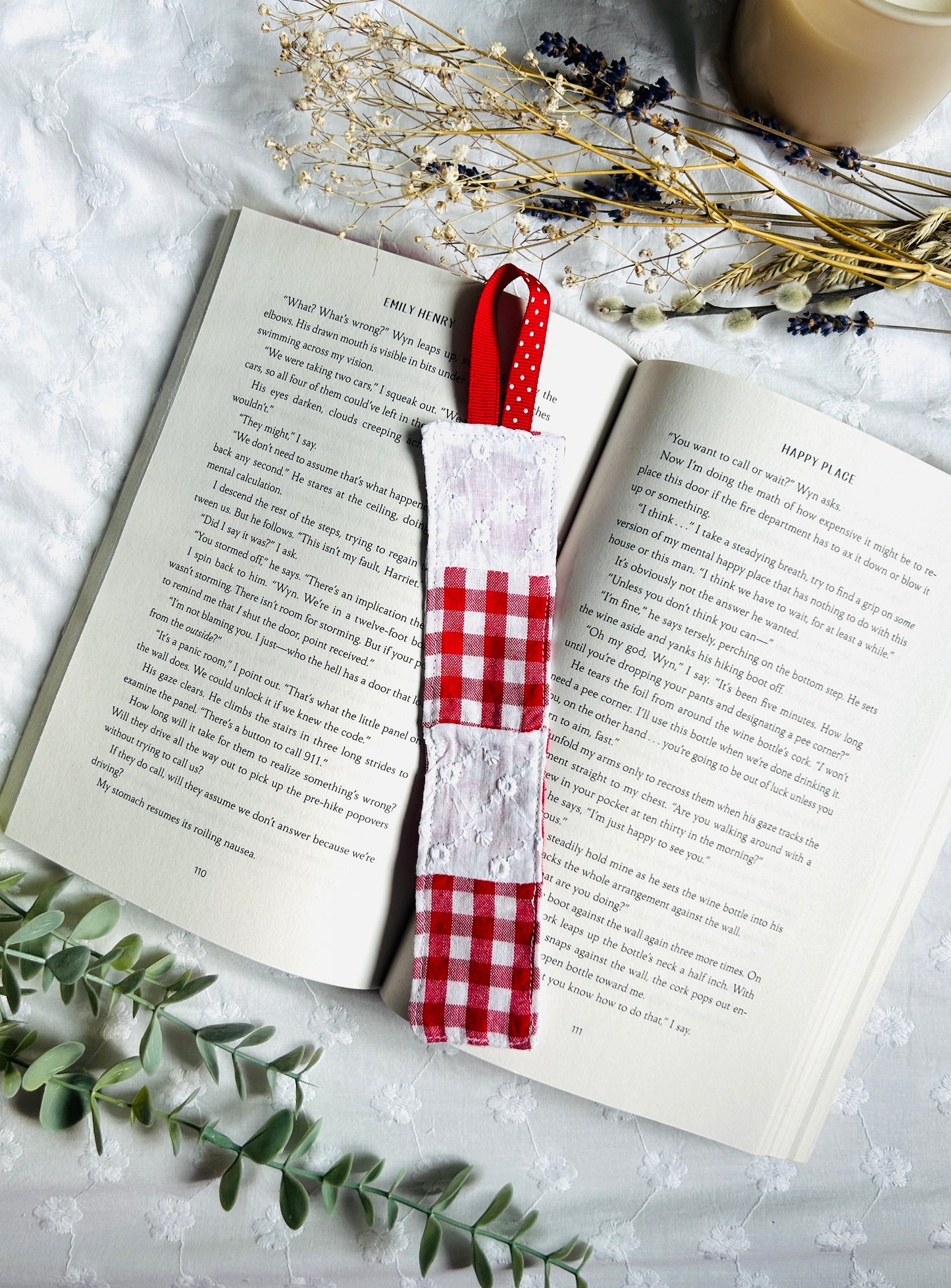 Scrappy Bookmark - Red Gingham and White Lace