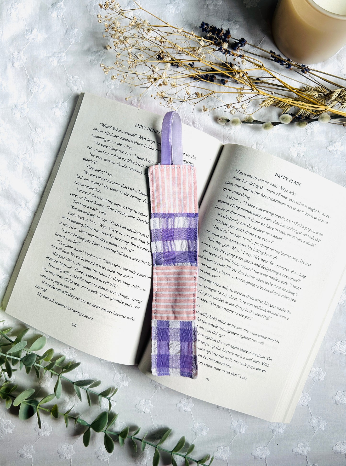 Scrappy Bookmark - Lilac Gingham and Pink Stripes