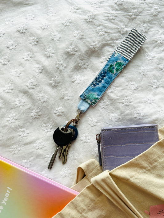 Scrappy Keychain - Blue Paisley and White Stripes